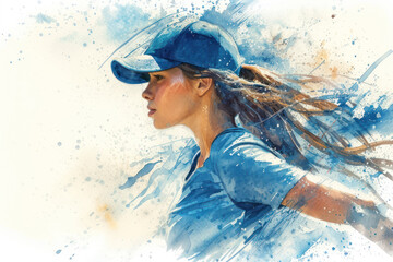 Wall Mural - Baseball player in action, woman blue watercolor with copy space