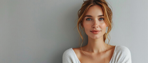 Wall Mural - happy attractive confident young adult or mid aged european woman posing for beauty aesthetic portra