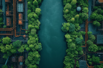 Poster - the geometric patterns of an industrial park set against the free-flowing contours of a river, demon