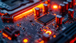 Macro Photography of a Computer motherboard, highly detailed, neon line light