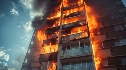 Wall Mural - Windows of the burning building. Fire in the house. Burning apartment house in the flames of fire at night