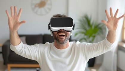 Poster - Young businessman wearing vr glasses for metaverse online meeting in startup office