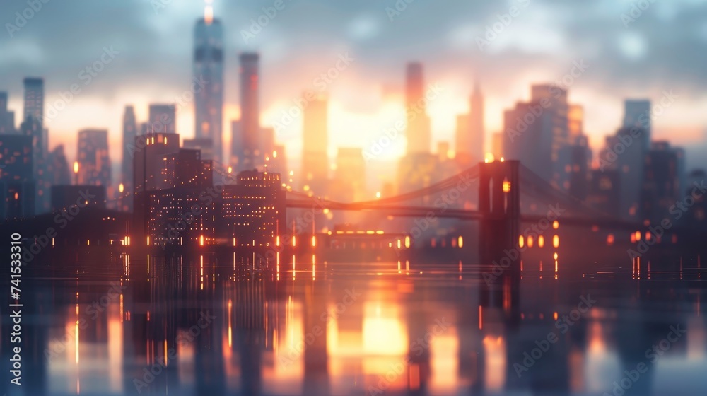Sunrise bathes a city skyline and bridge in golden light, with the ...