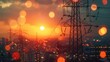 © Sodapeaw - The sun sets, casting a warm glow over silhouetted power lines and bokeh city lights, emphasizing urban energy infrastructure.