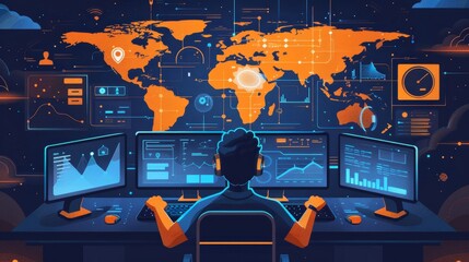 Poster - Cloud service providers control room monitoring global network health, ensuring seamless service delivery