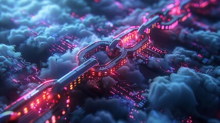 Poster - conceptual image of blockchain technology securing cloud storage, merging cutting-edge tech for enha