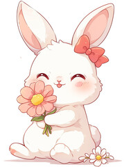 Wall Mural - Cute rabbit holding flower isolated on transparent background. PNG