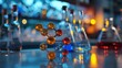 Foreground focus on a colorful molecular structure model with out-of-focus laboratory glassware and vibrant light reflections in the background.