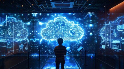 Poster - Interactive cloud computing exhibit in a tech museum, engaging visitors with the principles of cloud technology