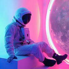 Alone in the cosmic ballet a spaceman navigates the silence illuminated by pink and blue neon lights whispering secrets of the moon