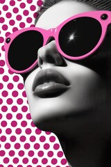 Wall Mural - portrait of young woman fashion model in sunglasses on pink background, in style of pop art