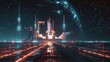 Earths Spaceport ignites a shuttle ascending into the night its trajectory lit by glowing geometric shapes a beacon of human ambition