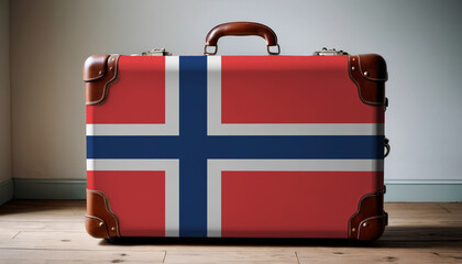 Travel vintage leather suitcase with flag of Norway