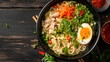 Ramen noodle soup with pork egg and vegetables on wood background, copy space, generative ai