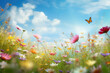 © ant - A vibrant spring garden filled with blooming flowers of every color, butterflies fluttering around.