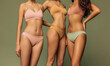 group of beautiful women in underwear studio shot, females in bra and panties posing, dieting and weight loss concept, skin and body care