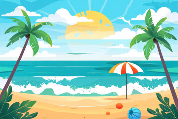 Flat design beach scene simplistic style sandy shore palm trees clear blue sky background.