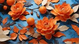 Fototapeta Panele - Pattern of orange flowers and indigo leaves on dark background