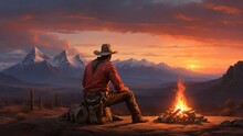 The Western Frontier With A Cowboy Resting By A Campfire