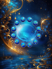 Wall Mural - zodiac symbols with blue planet Neptune and gold fantasy decoration like astrology concept