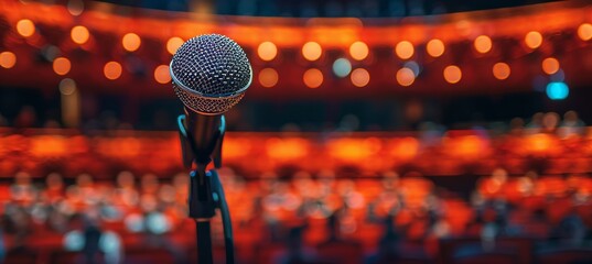 Wall Mural - Spotlit microphone on stand in front of blurred audience, live performance concept