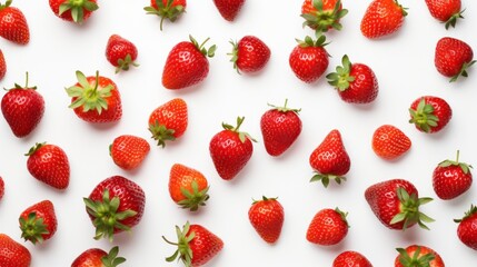 Wall Mural - Close-up, top view of a lot of red fresh ripe delicious strawberries with leaves on an isolated white background. Pattern, Berry Harvesting, Plantation, Farming, Agriculture, Organic Food concepts.