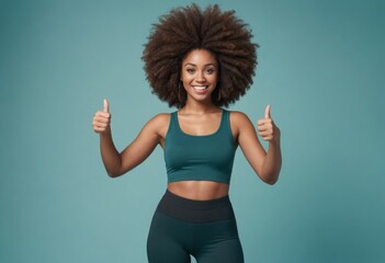 A woman with a big afro hairstyle, giving a double thumbs up with joy. Studio shot with a blue background.