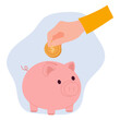 © Olha Ye - a person puts money in a piggy bank. Finance and banking, investments. Vector illustration