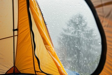 Wall Mural - person opening tent flap, rain pouring down outside