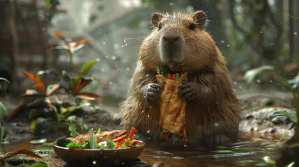 Capybara eats fast food shawarma, roll in the wild forest.