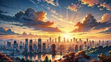 Fototapeta  - アニメ背景_山から見る東京の夕日_03