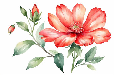 Wall Mural - Watercolor red flowers with green leaves