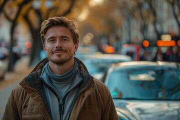 A happy handsome young man leans on an electric sports car waiting to recharge the batteries in an electric charging station