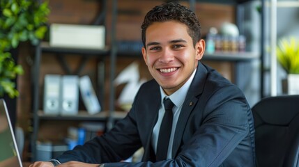 Portrait of young hispanic businessman inside office, boss in business suit smiling and looking at camera, experienced satisfied man at workplace at desk.