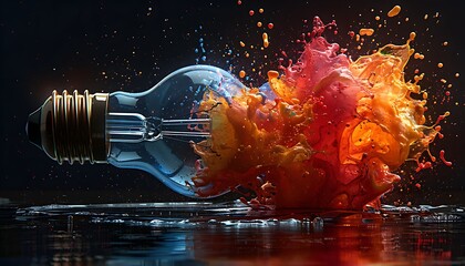 Creative light bulb explodes with colorful paint and splashes on a black background. Think differently creative idea concept