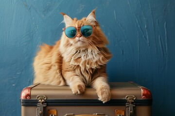 ginger persian cat wearing holographic sunglasses sitting on top of modern suitcase, bold colors, travel concept