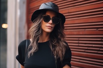 Poster - Portrait of a beautiful young woman in hat and sunglasses outdoor.