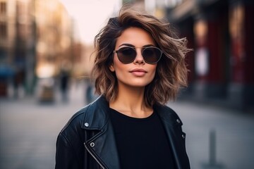 Wall Mural - Portrait of a beautiful young woman in black leather jacket and sunglasses
