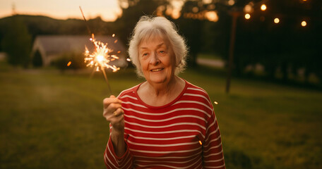 Wall Mural - Patriotic grandma celebrating fourth of july, wearing red and white striped shirt and holding sparkler fireworks outside at dusk on country farm