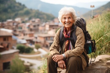 Poster - Portrait of a smiling senior woman sitting on the edge of a cliff in a village