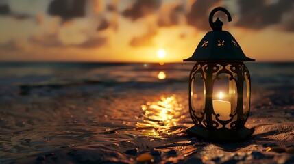 Wall Mural - Lantern on the beach at sunrise. Ramadan Kareem background