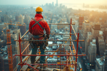 Poster - A diligent construction worker assembling scaffolding on a high-rise building. Concept of urban development and construction safety. Generative Ai.
