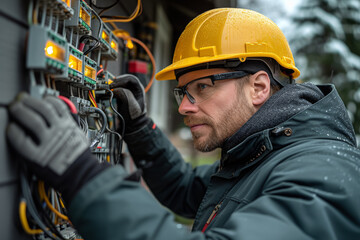 Poster - a skilled electrician repairing electrical wiring in a residential home. concept of electrical servi