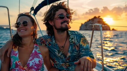 Wall Mural - Relax, travel and luxury with couple on yacht for summer, love and sunset on Rome vacation trip. Adventure, journey and man and woman sailing on boat for ocean, tropical and honeymoon at sea