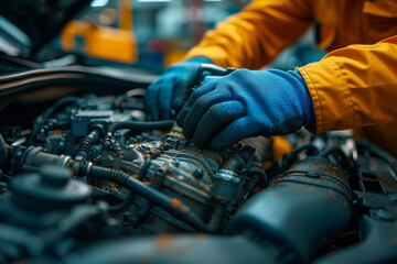 Poster - a skilled mechanic repairing a car engine in an auto repair shop, ensuring optimal vehicle performan