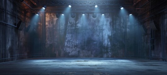 Wall Mural - llustration of spotlights shine on stage floor in dark room, underground stage style dark room with spotlights and smoke drifting around, stage show backdrop, Generative Ai