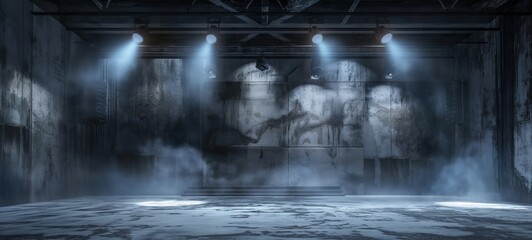 Wall Mural - llustration of spotlights shine on stage floor in dark room, underground stage style dark room with spotlights and smoke drifting around, stage show backdrop, Generative Ai