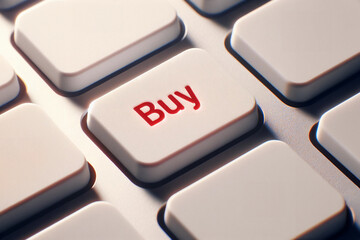 a close-up view of a keyboard with a prominent “Buy” key in red text against a white background.