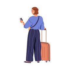 Wall Mural - Passenger with suitcase, baggage, holding bank credit card in hand. Woman tourist standing with travel bag, luggage, paying for trip, journey. Flat vector illustration isolated on white background