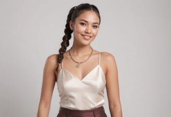 Wall Mural - A young woman in a satin top smiles gently, her long braid adding a touch of sophistication to her casual elegance.